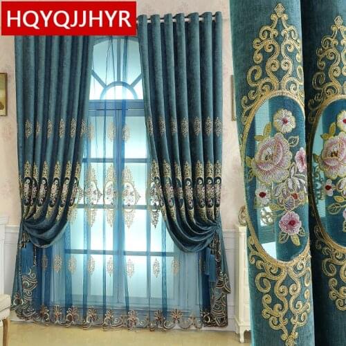 European luxury chenille embroidery villa curtains for living room hotel windows high quality classic curtains for bedroom