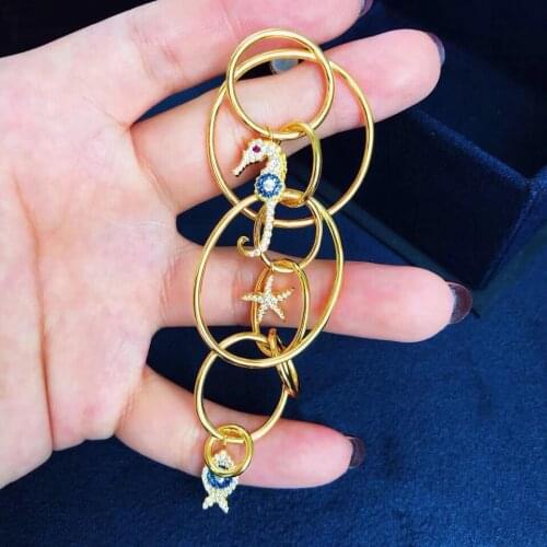 SLJELY Real 925 Sterling Silver Mono Yellow Gold Color Seahorse Fish Multi Hoops Circles Long Drop Earring Women Fine Jewelry