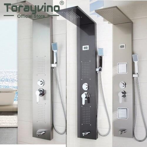 Torayvino Bathroom Stainless Steel Shower Column Wall Mounted Pannel +Handshower+Tub Spout+Massage System Shower Screen