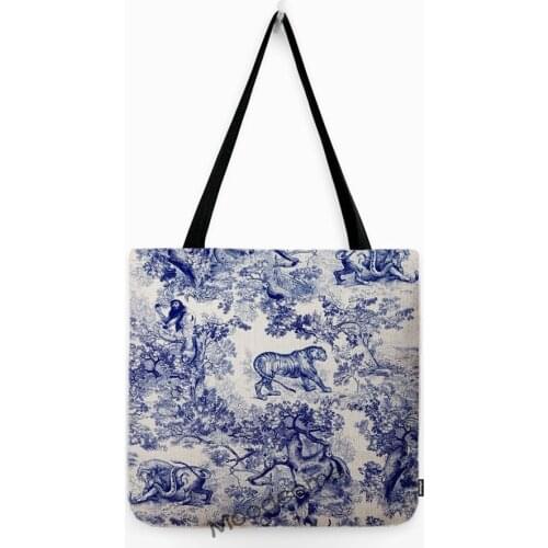 Traditional French Motif Toile De Jouy Navy Blue Fashion Shopper Tote Bag Water Resistant Linen Large Shoulder Shopping Bag