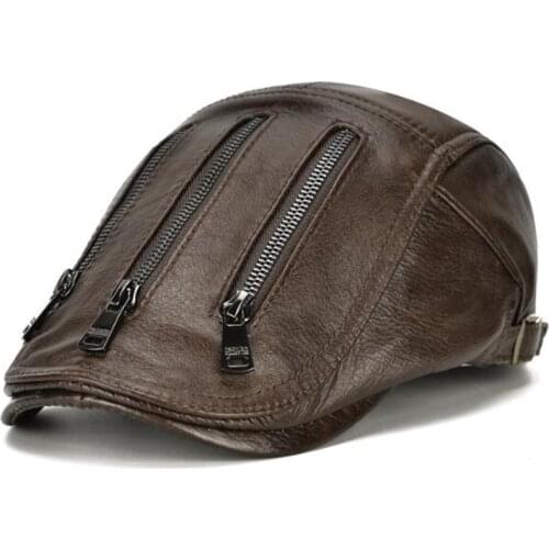 Spring Adjustable Size Mens Berets Natural Cowhide Leather Cap Novelty Personality Headdress Decoration Snapback Hat Black Caps