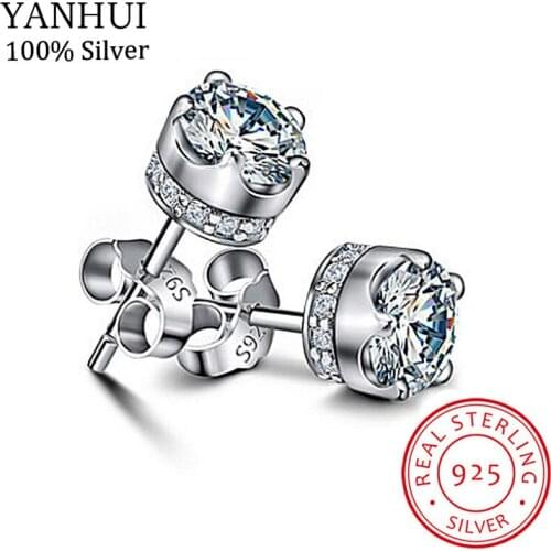YANHUI Luxury 100% Original 925 Sterling Silver Stud Earring 5A Grade Cubic Zirconia Earring For Women Gift Wedding Jewelry E228
