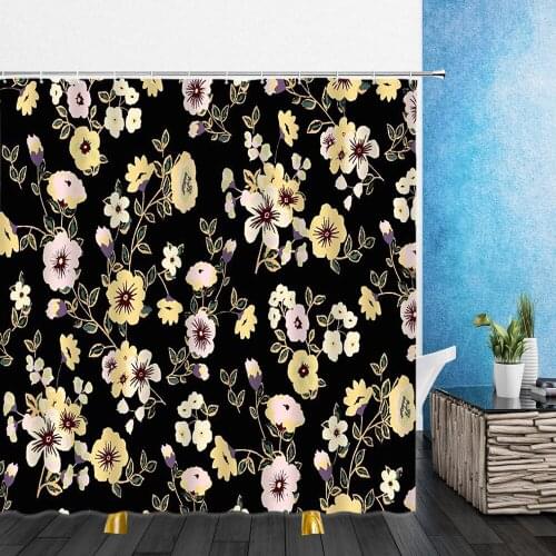 Cartoons Shower Curtains Flowers White Daisy Black Background 3D Print Bathroom Home Decor Waterproof Polyester Cloth Curtain