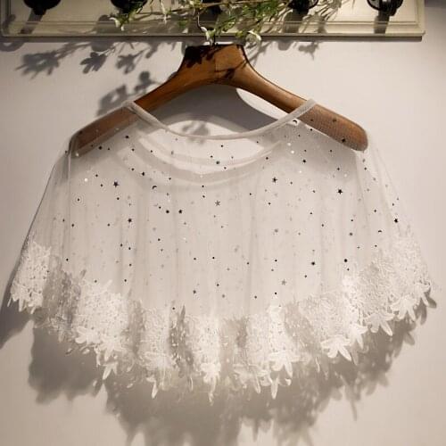 Womens Spring Summer Star Moon Sequins Beaded White Mesh Pashmina Female Summer Sunscreen Lace Shawl Cloak R1880