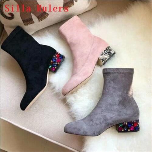 Hot Fashion Glass crystal Squal Heels Women Boots Stretch Fabric Ankle Boots Chelsea Autumn Winter Boots shoes Woman Botas Mujer