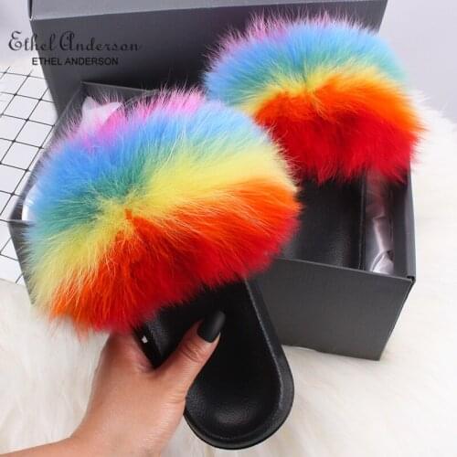 Brand New Real Fox/Raccoon Fur Slides Womens Casual Slippers Luxury Real Fur Flip Flops Plus Size Sandals Shoes