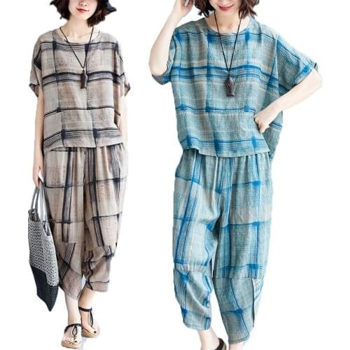 New 2020 Summer Womens Sets Cotton and Linen Lattice Short Sleeve T-shirt Top & Wide Leg Pants 2 pcs Sets Casual Pants Suits