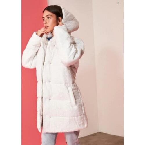 Womens Cream hooded puffer jacket with zipper long padding warm tuck thick oversize Bubble Coats Womens coats parka jacket