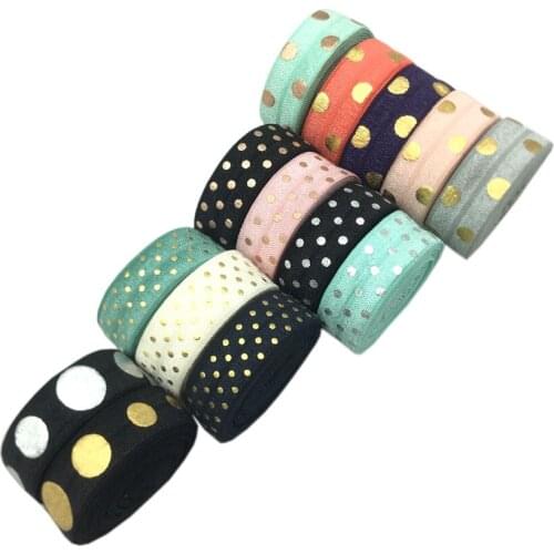 10Yards 15mm Rose Gold Foil Polka Dot Print Fold Over Elastic FOE Ribbon Webbing For Headwear Hair Sewing Accessories