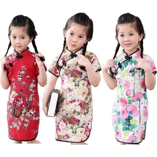 2018 Chinese New Year Baby Girl Qipao Dress Clothes Fashion Girls Cheongsam Children Clothes Outfits Floral Chi-Pao Outfits Top