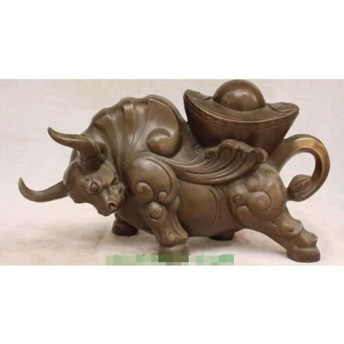 Free shipping S02085 16" Chinese Bronze Wealth YuanBao Stronger Bull Unicorn OX Oxen Animal Statue