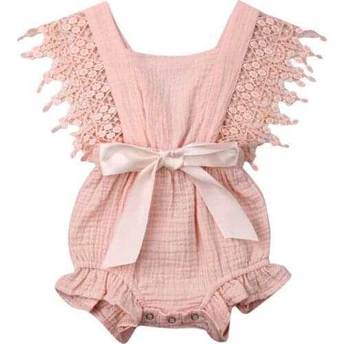 Bodysuits Baby Girl Newborn Summer Cotton Clothes Ribbon Bowknot Bodysuit Lace Jumpsuit Solid Color Outfit Infant Toddler 0-2T