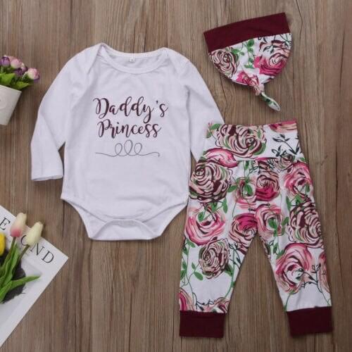 CANIS Brand 3PCS Newborn Baby Girls Flower Letter Printed Romper + Big Flower Pants + Cute Leggings Hat Outfits Clothes Set