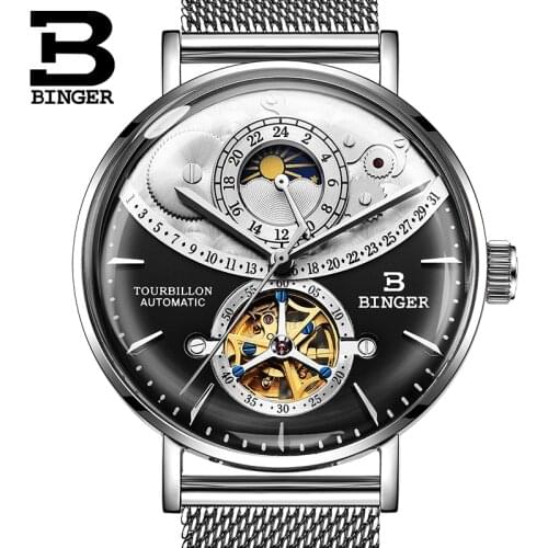 BINGER Watch Men Automatic Mechanical Men Watches Top Brand Luxury Sapphire Curved surface Relogio Masculino 2018