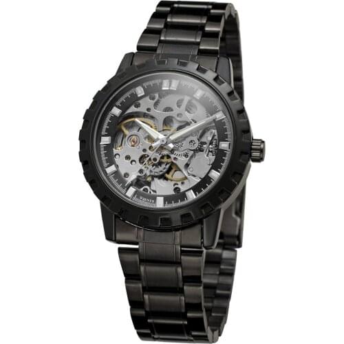 2019 Fashion Top Brand Winner Vintage Black Full Stainless Steel Dial Men Mechanical Skeleton Watch For Men Gift Wrist Watches