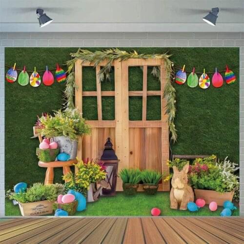 Spring Easter Backdrop Wood Door Green Grass for Photography Spring Flowers Eggs Kids Children Easter Party Supplies Decorations