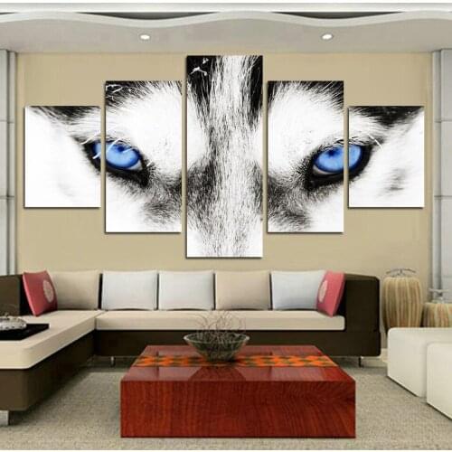 Canvas HD Print Pictures Wall Art Home Decoration 5 Panel White Wolf With Blue Eyes Paintings Modular Animal Posters Framework