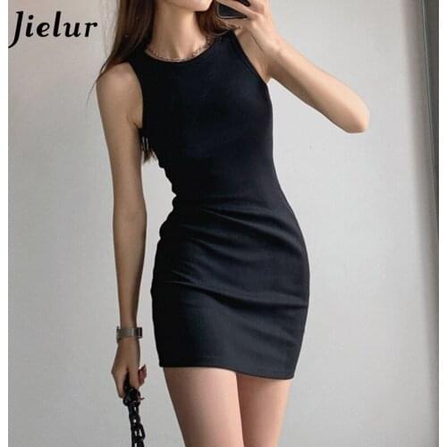 Jielur Slim Sleeveless Black Sundress for Womens O-neck Solid Colour Suspender Dresses Female Sexy A-line Bodycon Dress 2021 S-L