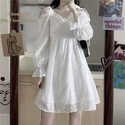 Kawaii Summer New Japanese Sweet Soft Girly Dress V-Neck Cute Petal Sleeve Chiffon Jacquard Elegant White Bandage Mini Dress