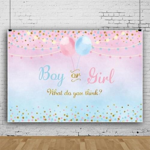 Boy or Girl Gender Reveal Background Blue Pink Dots Balloon Photography Backdrop Baby Shower Party Banner Backdrops