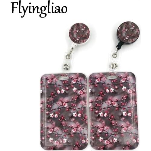 Plum blossom Tree Flowers Cartoon Cute Credit Card Holder Lanyard Women Men Kid Student Retractable Badge Reel ID Name Bus Clips