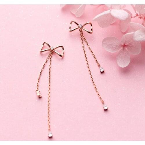MloveAcc 100% 925 Sterling Silver Cute Bowknot Drop Earrings for Charming Women Zircon Elegant Tassel Fashion Jewelry