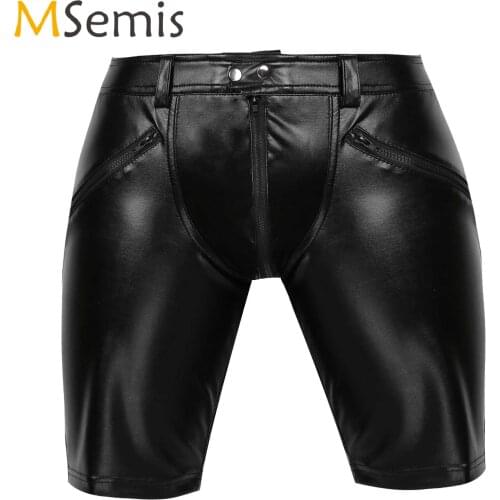 Mens Lingerie Latex Zipper Middle Pants Full Zipper Front Button Snap Closure Workout Gym Shorts Sexy Soft Leather Pants