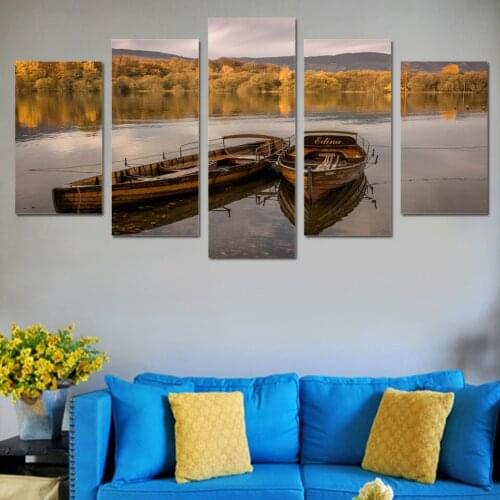 Wall art canvas painting 5 piece HD Printed lake floating boat yellow forest sunset wall frames posters and prints