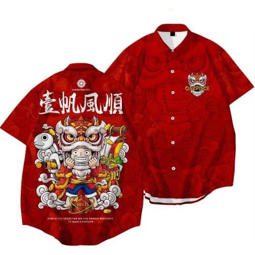 New Lapel Short Sleeve Shirt Year of the Tiger-FIERCE (red and Black Contrast) Fashion Printed Cardigan Shirt Mens Top