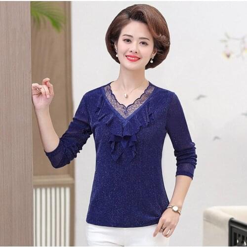 2021 new Ruffles T-Shirts Women Long Sleeves Tops Spring Fall Bottoming Shirt Fashion Plus Size Middle Age Mother Shirt