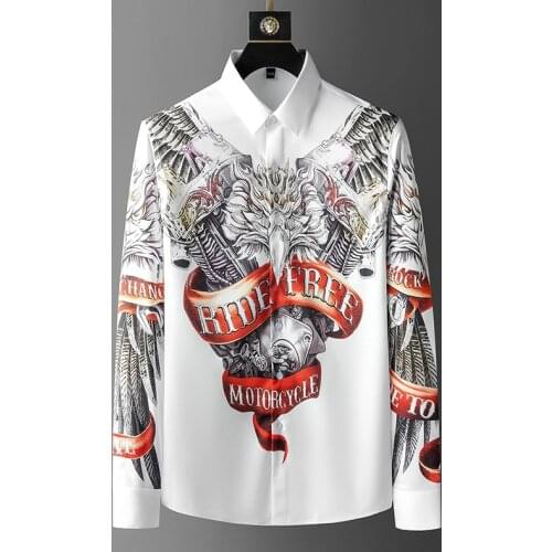 2021 New Printed Shirt Men Long Sleeve Fashion European Mens Digital Printing Hot Drilling Slim Fit Shirt Men Wing Shirts Dress