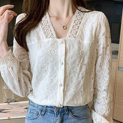 Autumn Long Sleeve V-Neck Hollow Lace Blouse Women Shirt Tops Blouse Women Blusas Mujer De Moda 2021 Blouses Femme Shirts E448