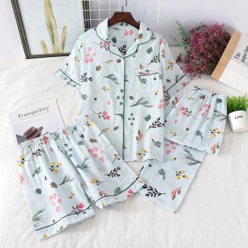 3Pcs Lovely Fruit Print Summer Thin Womens Pajamas Cotton Homewear Set Short-sleeved Top + Trousers + Shorts Female Sleepwear