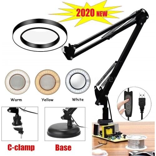Foldable 5X Magnifying Glass Desk Lamp Magnifier LED Light Reading Lamp with 3 Dimming Modes USB Loupe Reading/Rework/Soldering