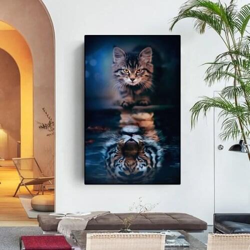 Modern Creativity Wall Art Painting Posters And Prints Tiger and Cat on Canvas Poster Artwork Home Decor Bedroom Decoration Art