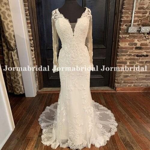 Long Sleeves Mermaid Wedding Dresses Elegant V-Neck Appliques Polka Dot Tulle Bridal Dress Transparent Buttons Back Bride Gowns