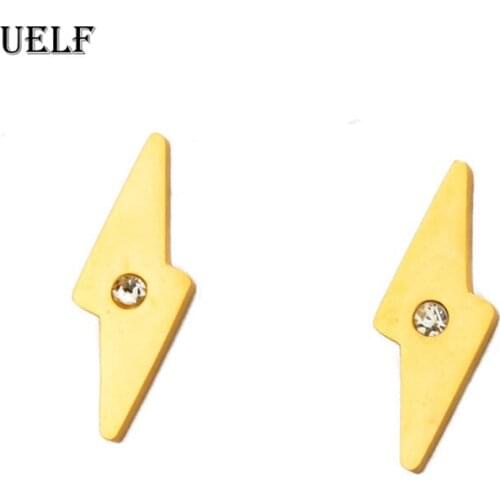 Uelf Vintage Punk Thunder Earrings Pendientes Hombre Gold Lightning Bolt Stud Earrings For Women Men Stainless Steel