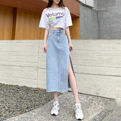 2021 Summer New Split Denim Skirt Skirt Female Large Size High Waist All-match Mid-length Package Hip Skirt Long Skirt