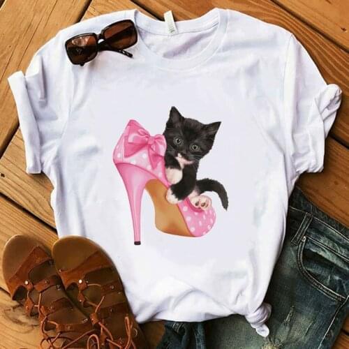 Women T Shirt Pink High Heel Print Cute Kawaii Tshirt Summer Streetwear Tops Tee Cat Graphic Tees For Women Clothing