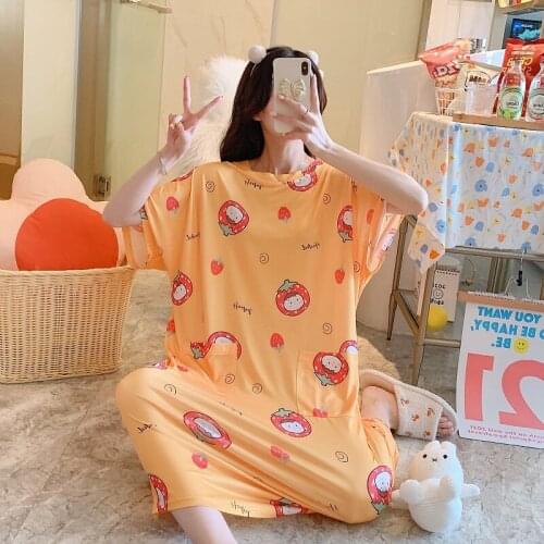 Plus Size Short Sleeve Print Long Dress Nightgown for Women 2021 New Summer Korean Loose Sleepwear Night Dress Nightdress Nighty