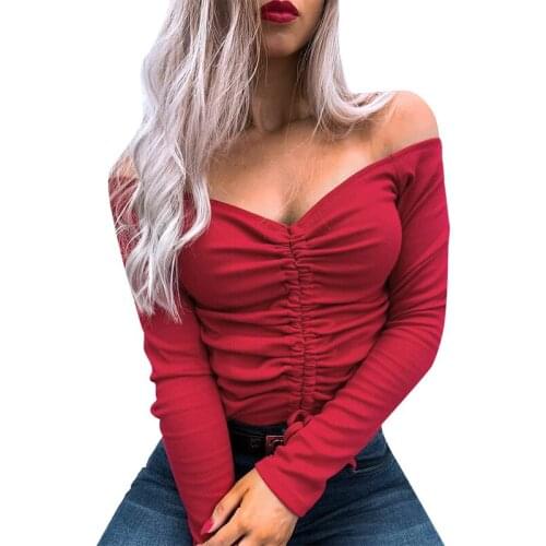 Womens Low Cut Long Sleeve T-Shirt Pring Autumn Fashion Casual Sexy Off Shoulder Solid Color Sexy Streetwear Top V Neck Shirts