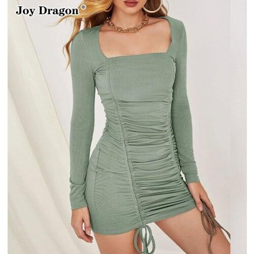 Women Long Sleeved Pleated Hip Skirts 2021 Autumn Winter Party Evening Bodycon Mini Tight Dresses Drawstring Dress Sexy Slim
