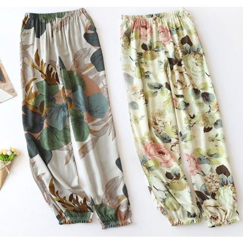JULYS SONG Sleep Bottoms Wide Leg Loose Women Pants Casual Elastic Long Pants Floral Printed Female Homewear Nightwear Pants