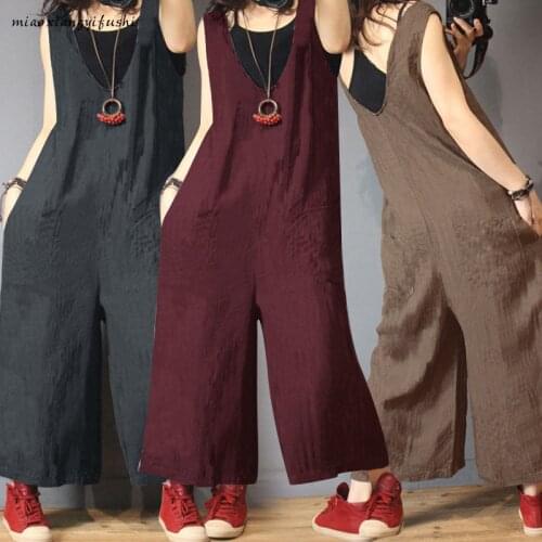 2021 Summer Womens Jumpsuit Vintage Casual Wide-leg Pants Womens Sleeveless Overalls Loose Pants Plus Size Clothes Cotton