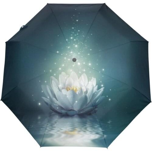 White Lotus in Water Printed Umbrella 3 Folding Exquisite Classic Umbrella Anti-UV Sun/Rain Durable Automatic Umbrella Parasol