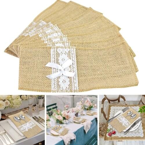 5Pcs Vintage Jute Burlap Lace Cutlery Bag Hessian Rustic Wedding Tableware Knife Fork Holder Pouch For Birthday Party Table Deco