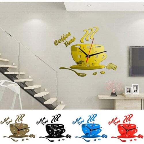 6 Colors Creative 3D DIY Mirror Wall Clock Simple Home Decoration Mute Coffee Cup Shape Wall Sticker Acrylic Mirror Wall Clock