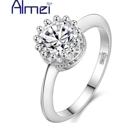 Almei Sale Engagement Silver Color Rings For Women Female Ring With One Stone Bague Ringen Jewelry Valentines Day Gift PJ4292