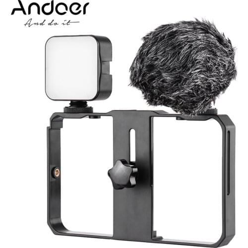 Andoer Smartphone Video Cage Kit with Mini Microphone Cold Shoe Mounts Mini LED Fill Lights for Phone Recording Live Streaming