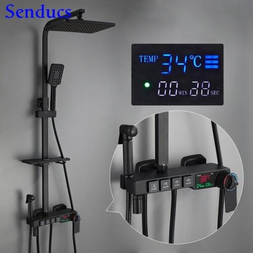 Digital Shower Set Senducs High Press Shower Head Rain Bathroom Shower System White and Gold Bathroom Shower Set Thermostatic